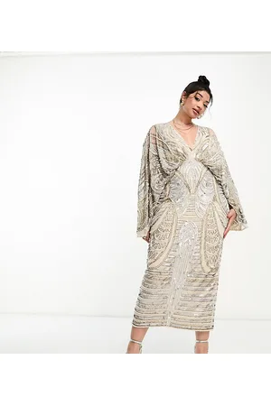 ASOS Dames Midi Glitter Jurken - Curve kimono sleeve midi dress with sequin & pearl embellishment in pale grey