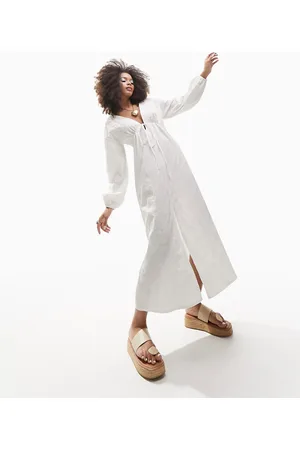 ASOS Dames Feestjurken - Jacquard midi dress with tie front and laced up back in white