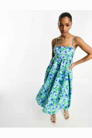 Monki Jaquard seersucker cami midi dress in blue and green flower print