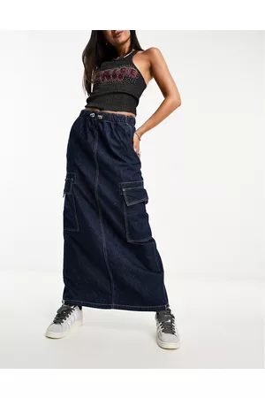 ONLY Cargo denim midi skirt in dark