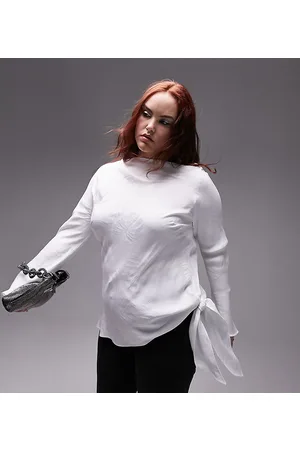 Topshop Curve jacquard flute sleeve top in ivory
