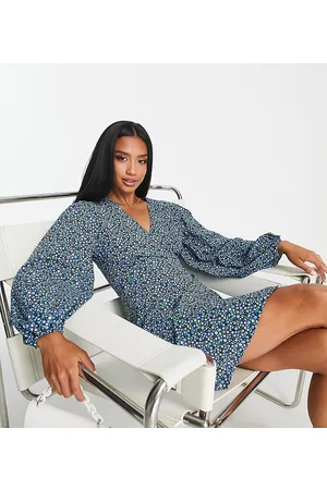 Glamorous Wrap dress with tie waist in blue ditsy floral