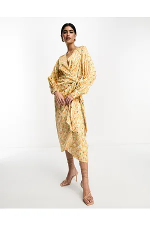 Never Fully Dressed Satin wrap midi dress in pastel gold mix
