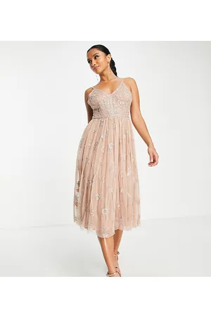 Beauut Petite Bridesmaid delicate embellished midi dress with tulle skirt in taupe