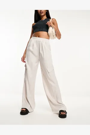 Bershka Wide leg satin cargo trousers in stone