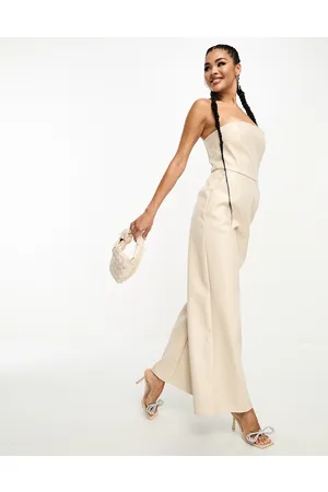 Kaiia Leather look bandeau wide leg jumpsuit in stone