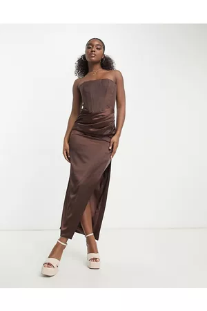 Bardot Bandeau satin slip midi dress in chocolate