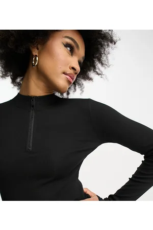 Threadbare Tall ribbed high neck half zip long sleeve bodysuit in