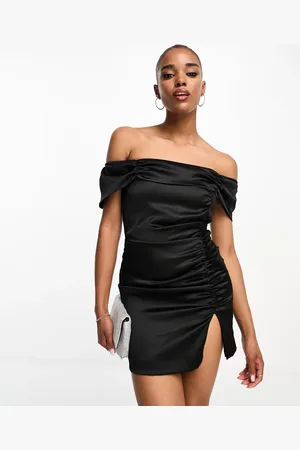Style Cheat Bardot satin ruched mini dress in