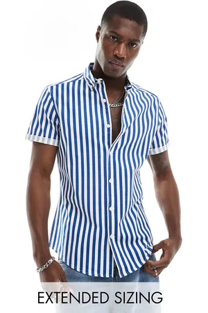 ASOS Stretch slim oxford stripe shirt in navy