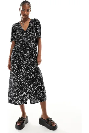 Monki Button through midi dress in black ditsy print exclusive to ASOS