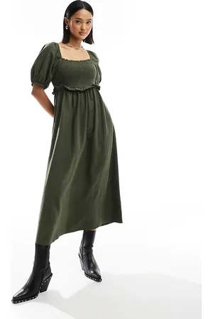 New Look Shirred puff sleeve linen blend midi dress in khaki
