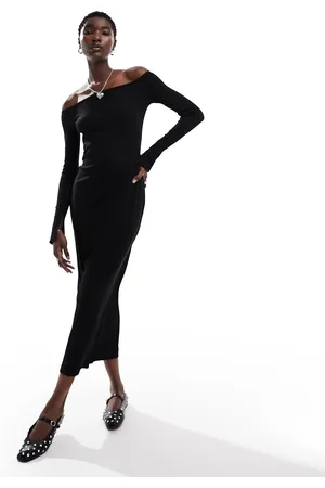 Monki Long sleeve boat neck midi dress in