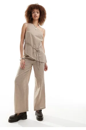Reclaimed Tunic top with cross over ties in linen look beige pinstripe co-ord