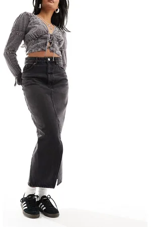 Monki Denim midi skirt with split in clean wash