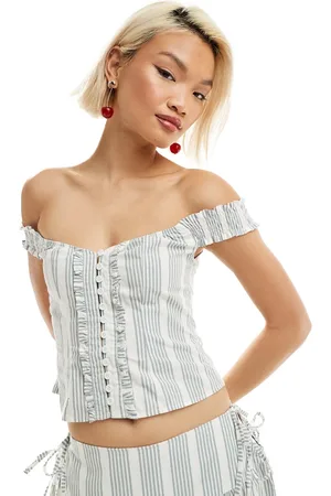 Motel Stripe ruffle corset detail top in blue
