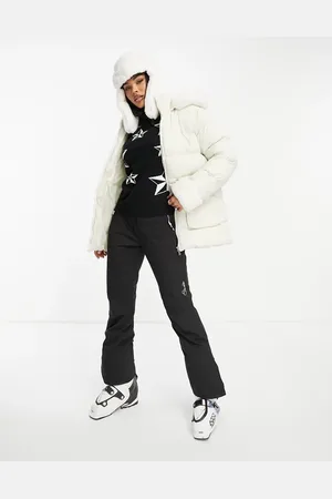 Threadbare Ski cinched waist hooded puffer coat with faux fur trims in ecru