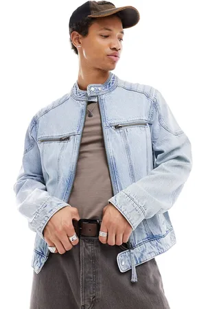 ASOS Denim collarless jacket with panels in mid wash