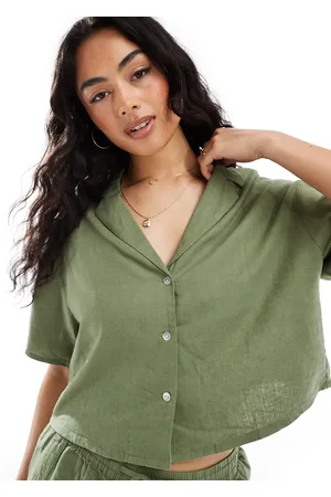 Pull&Bear Short sleeve linen shirt co-ord in khaki