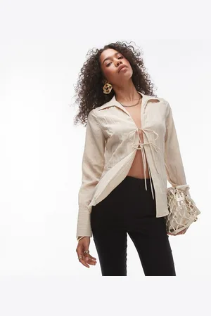 Topshop Tie front crinkle top in natural