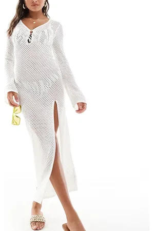 In The Style Exclusive crochet ring detail flared sleeve maxi beach dress in white