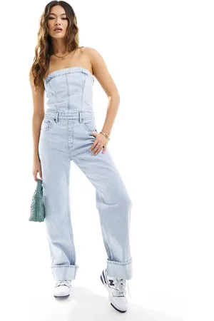 Abercrombie & Fitch Strapless denim jumpsuit in light wash