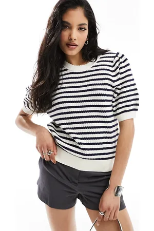 & OTHER STORIES & short sleeve knitted top in blue and white stripes with scallop edge neckline