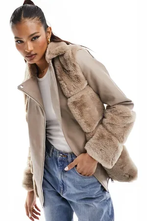 River Island Faux fur panelled biker jacket in beige