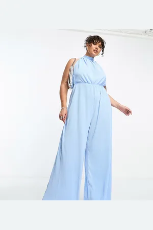 Extro & Vert Plus Plisse halterneck extreme wide leg pleated jumpsuit in baby