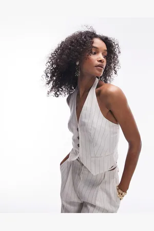 Topshop Co-ord stripe linen halterneck waistcoat in cream