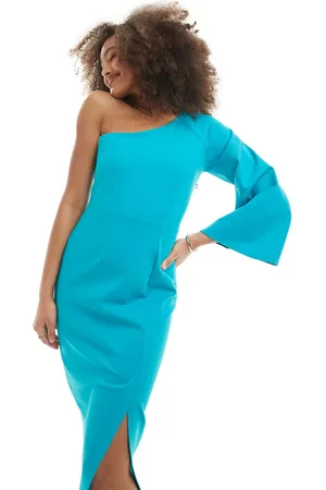 Closet One shoulder pencil dress in aqua