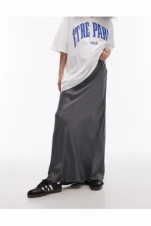 Topshop Drawstring satin bias maxi skirt in charcoal