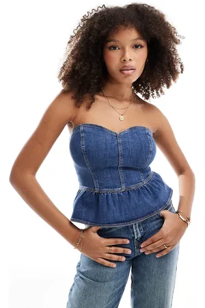Miss Selfridge Denim peplum bandeau top in mid wash