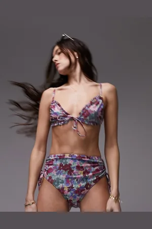 Topshop Mix and match frill tie front triangle bikini top in blurred floral print