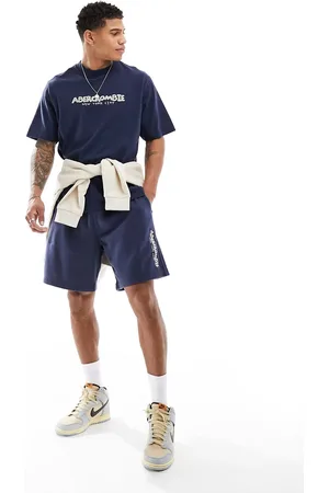 Abercrombie & Fitch Chainstitch embroid logo 9in french terry sweat shorts in dark blue mix & match