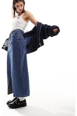 Monki Denim midi skirt with split in mid wash