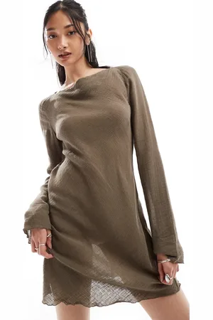 Weekday Ginko linen blend long sleeve mini dress in