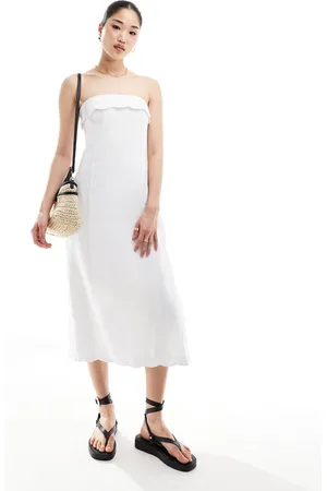 Abercrombie & Fitch Linen blend midi strapless dress with scallop edge in