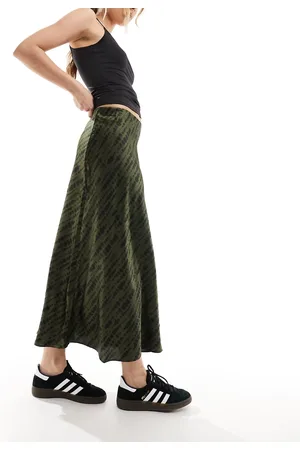 MANGO Satin print midi skirt in dark