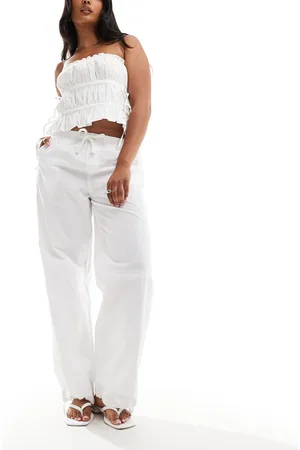 Pull&Bear Drawstring hem relaxed poplin trouser in