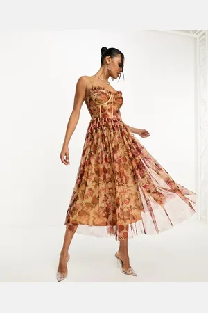 Lace & Beads Corset tulle midi dress in rose floral