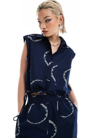 COLLUSION Draw string boxy shirt co ord in blue tie dye print