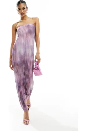 In The Style Exclusive bandeau plisse maxi dress in purple print