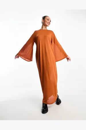 NA-KD Sheer wide sleeve maxi dress in rust