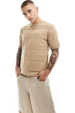 Threadbare Knitted textured stripe t-shirt in light stone