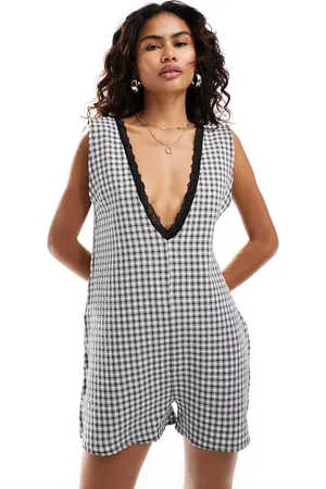 Reclaimed Western milkmaid playsuit in gingham