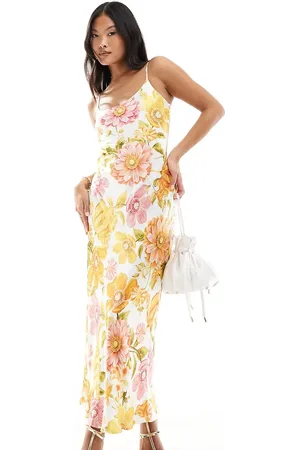 Forever New Satin slip midaxi dress in yellow and pink floral