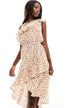 Ax Paris Ruffle one shoulder tiered midi dress in cream and brown spot print