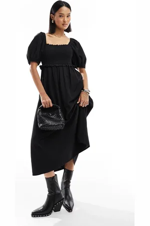 New Look Shirred puff sleeve linen blend midi dress in