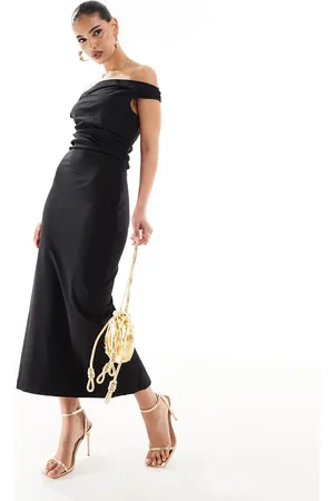 MANGO Bardot cinched waist midi dress in